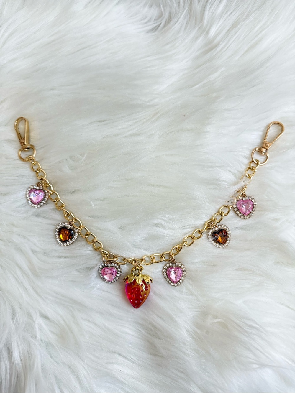 Gold-Tone Strawberry Charm Chain with Pink and Amber Hearts